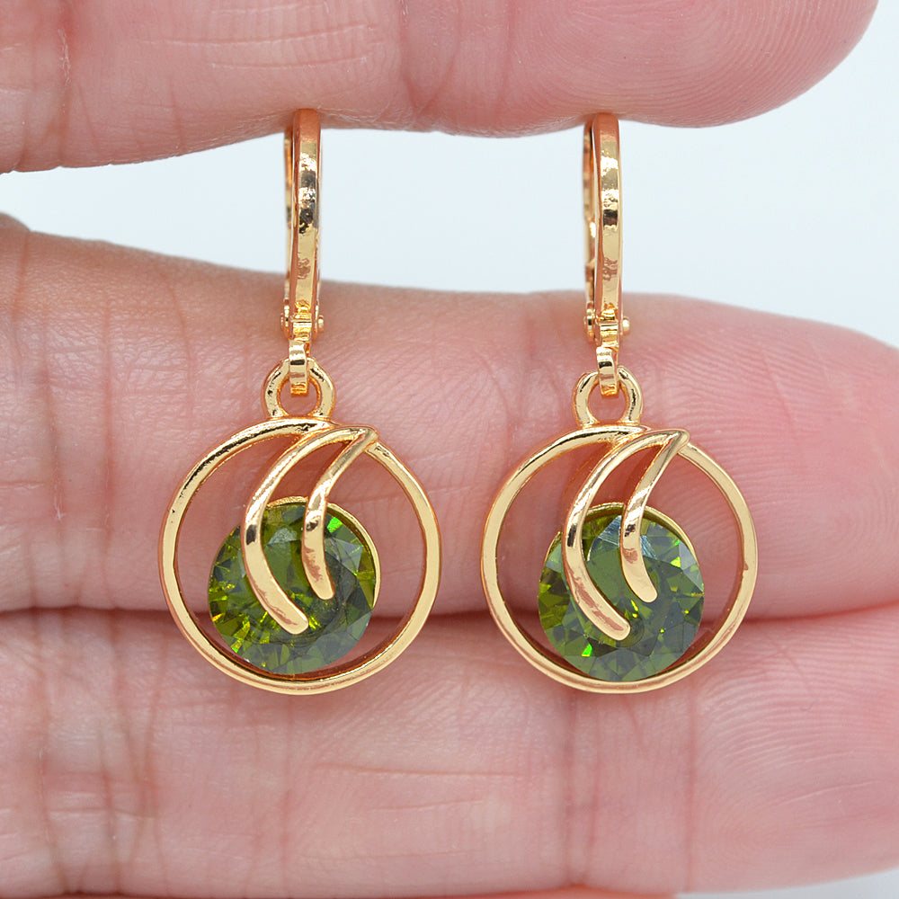 Wholesale Gold Plated Women Jade Pink Zircon CZ Round Dangle Earrings Jewelry