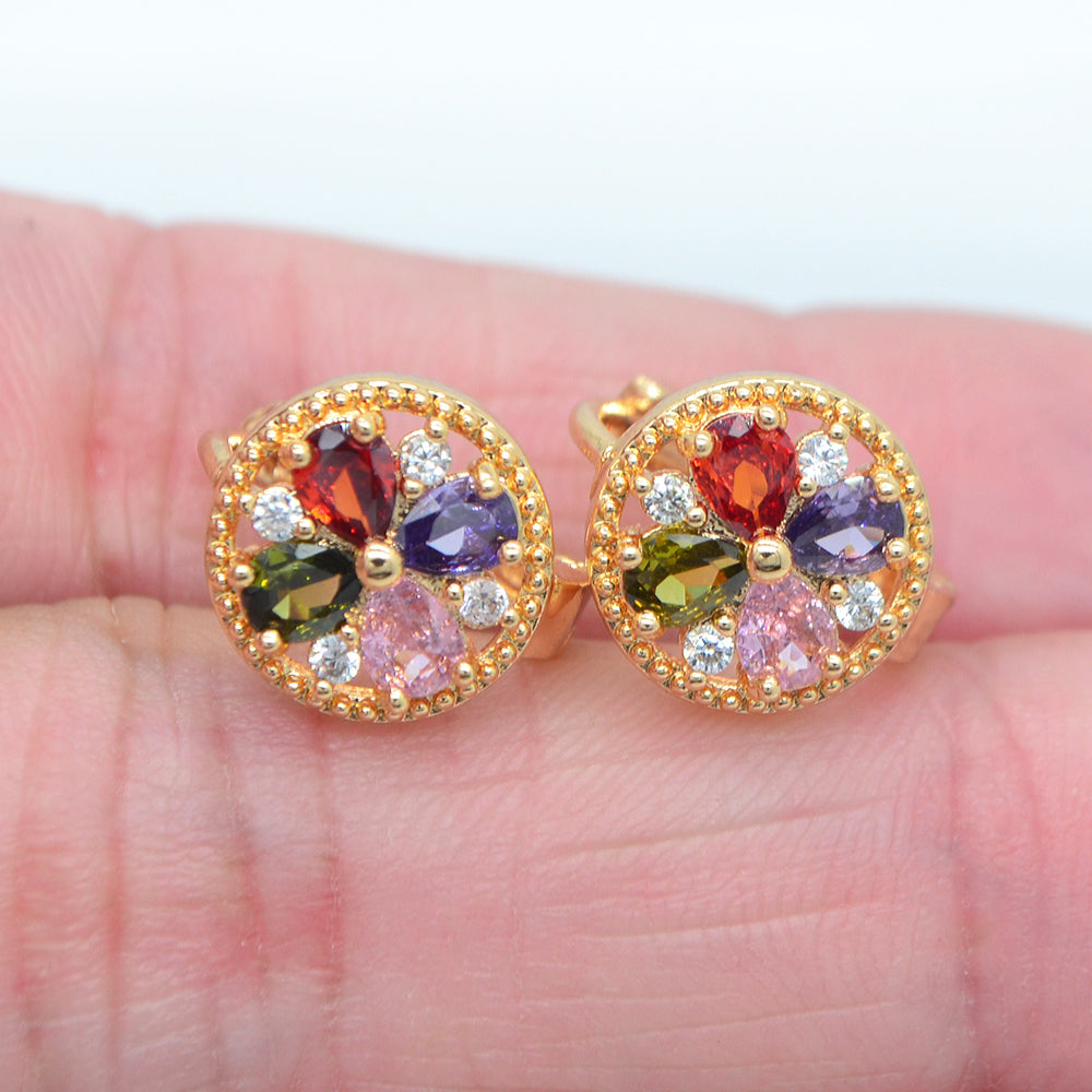 Wholesale Gold Plated Women Multicolor Zircon CZ Flower Round Huggie Earrings Jewelry