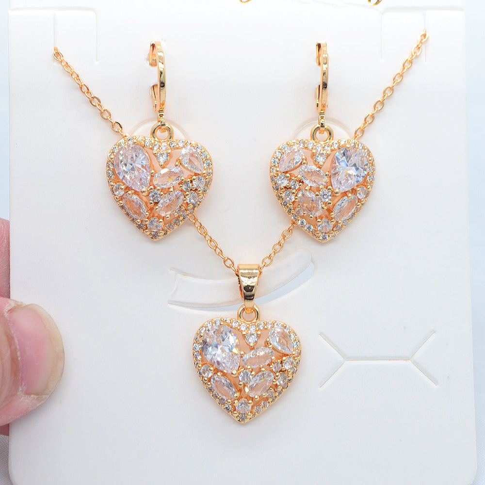 Wholesale Gold Plated Women Fashion Multicolor Zircon CZ Love Hearts Jewelry Set