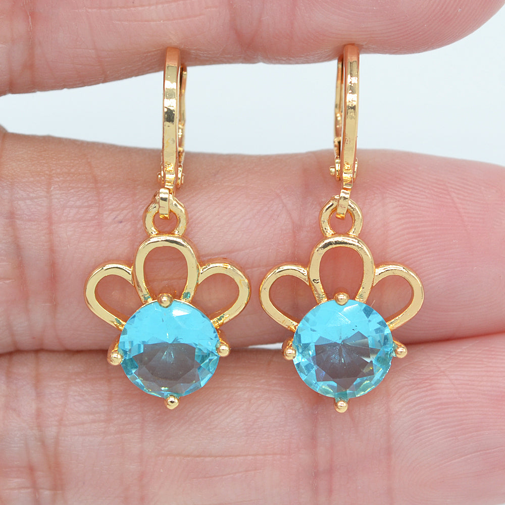 Wholesale Gold Plated Women Lake Blue Zircon CZ Crown Dangle Earrings Jewelry