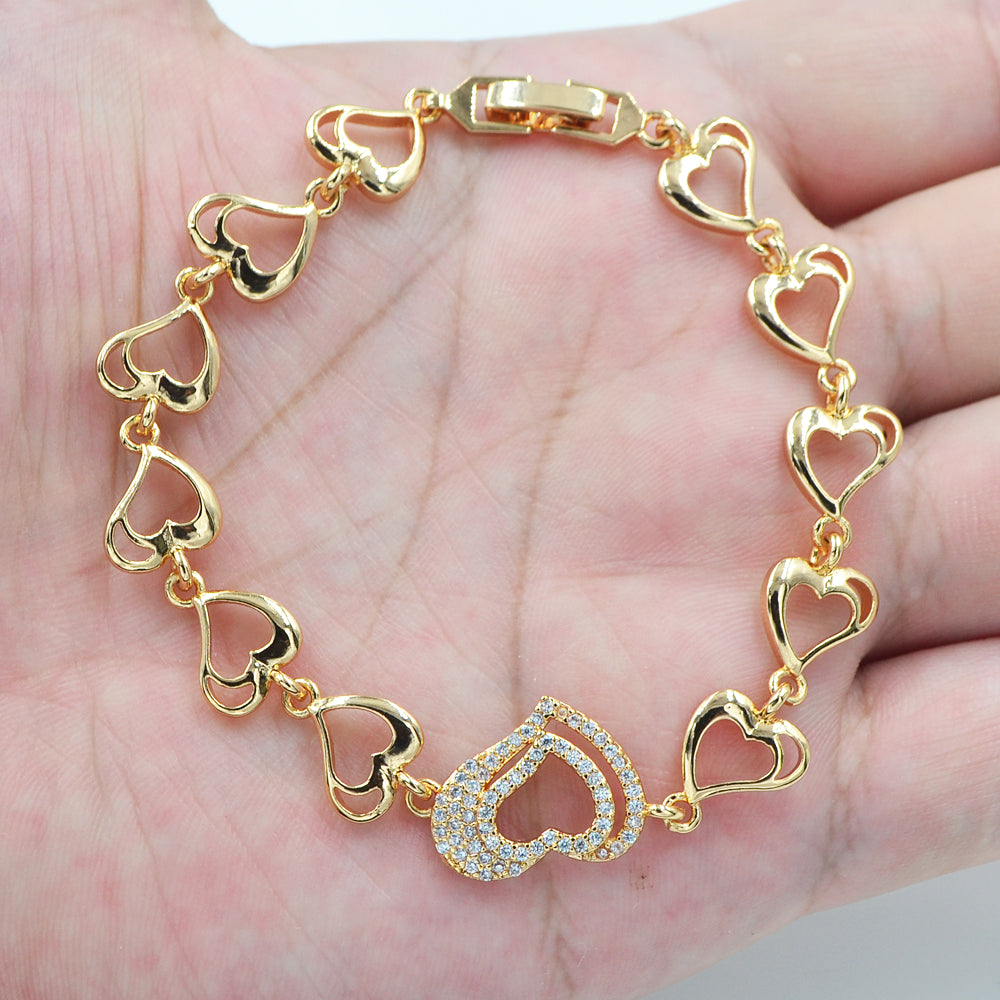 Wholesale Gold Plated Women Clear Zircon CZ Love Hearts Link Bracelet Jewelry