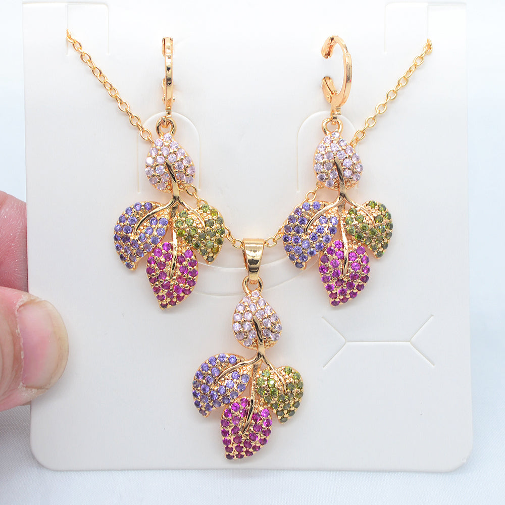 Wholesale Gold Plated Women Fashion Multicolor Zircon CZ Leaf Jewelry Set