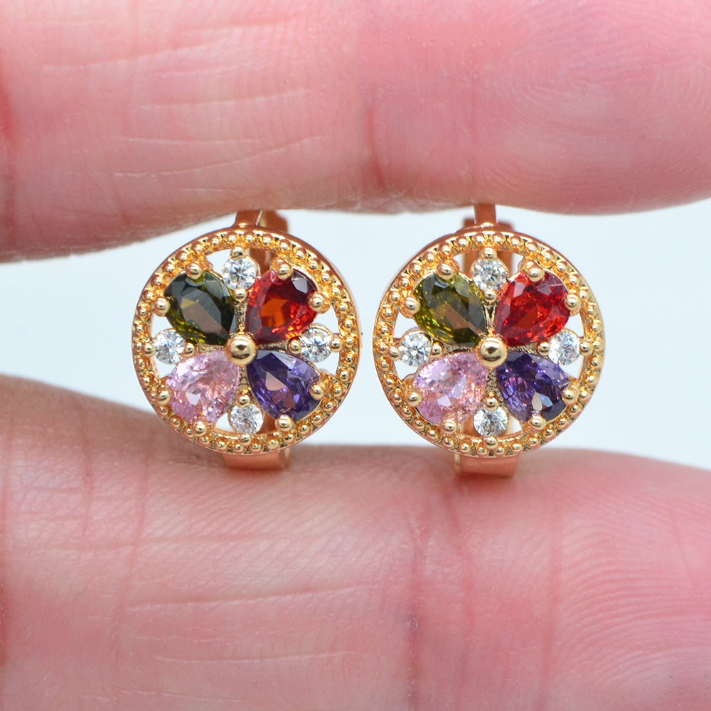 Wholesale Gold Plated Women Multicolor Zircon CZ Flower Round Huggie Earrings Jewelry