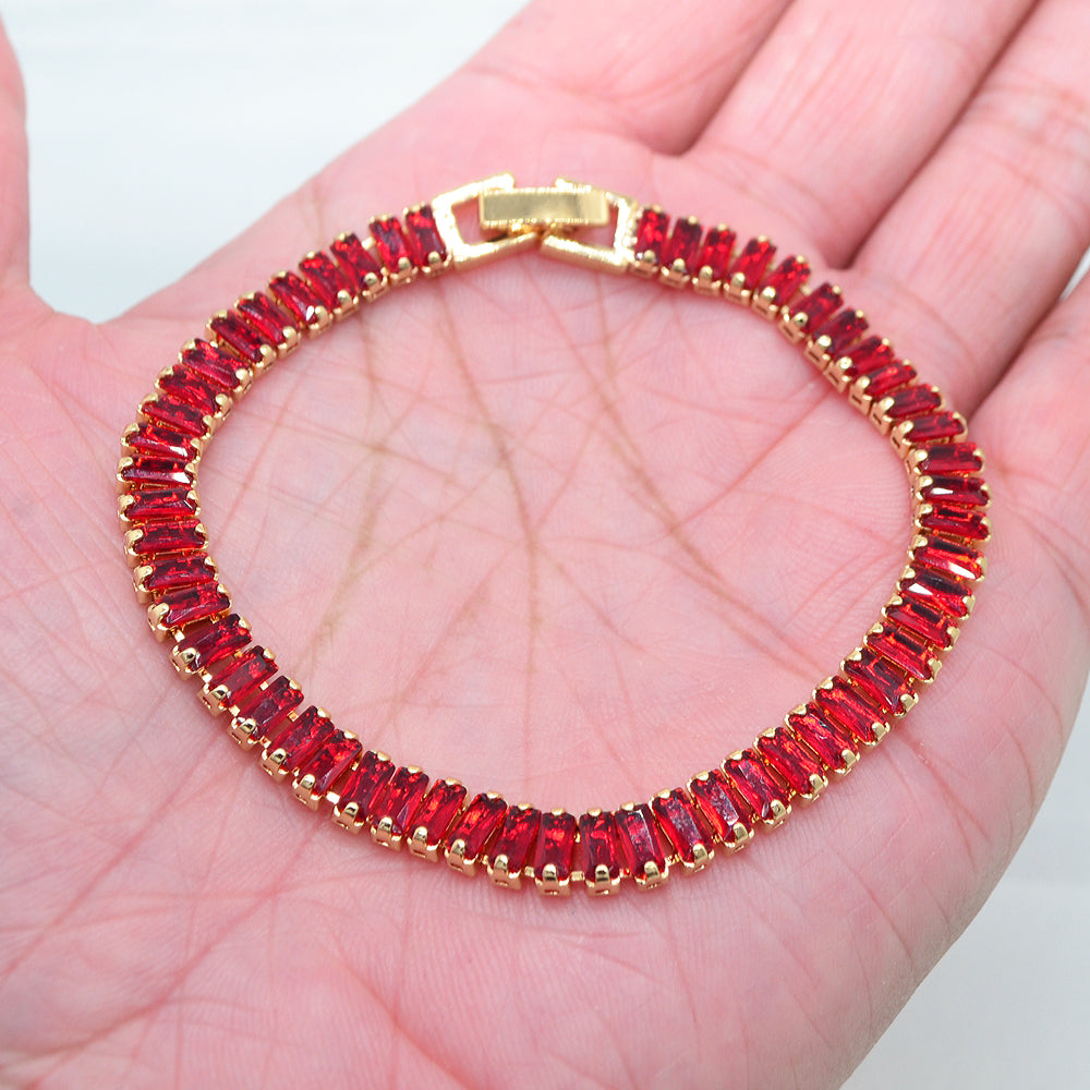 Wholesale Gold Plated Women Red Zircon CZ Full Baguette Stones Tennis Bracelet Jewelry