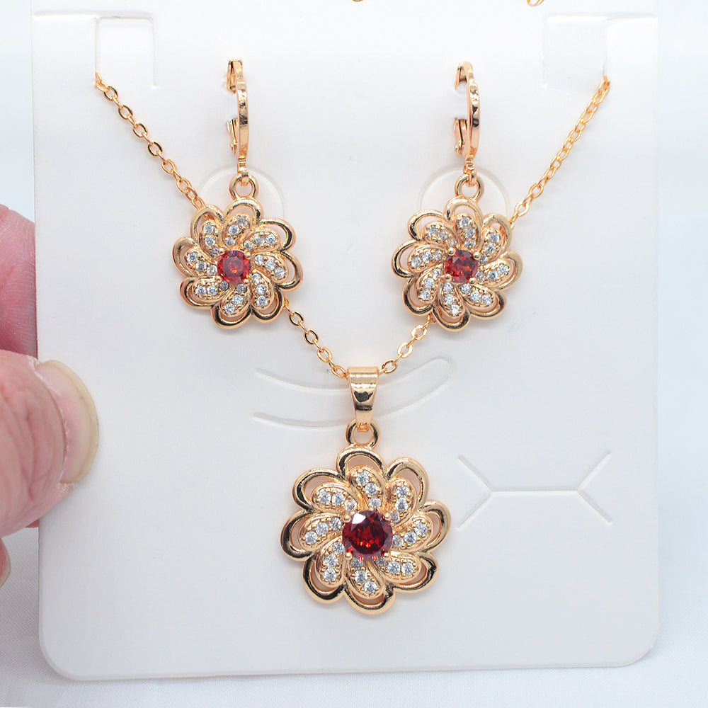 Wholesale Gold Plated Women Red Zircon CZ Flower Wedding Jewelry Set