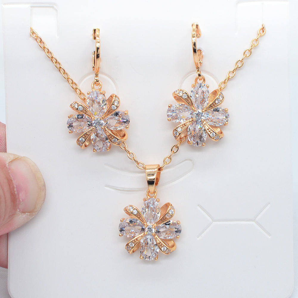 Wholesale Gold Plated Women Fashion Multicolor Zircon CZ Flower Engagement Jewelry Set