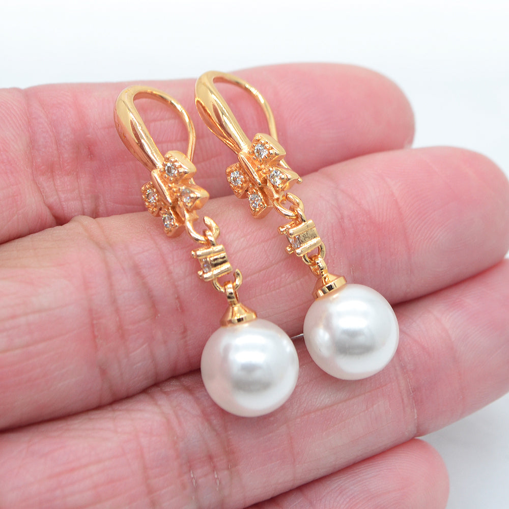Wholesale Gold Plated Women Clear Zircon White Round Pearl Dangle Earrings Jewelry