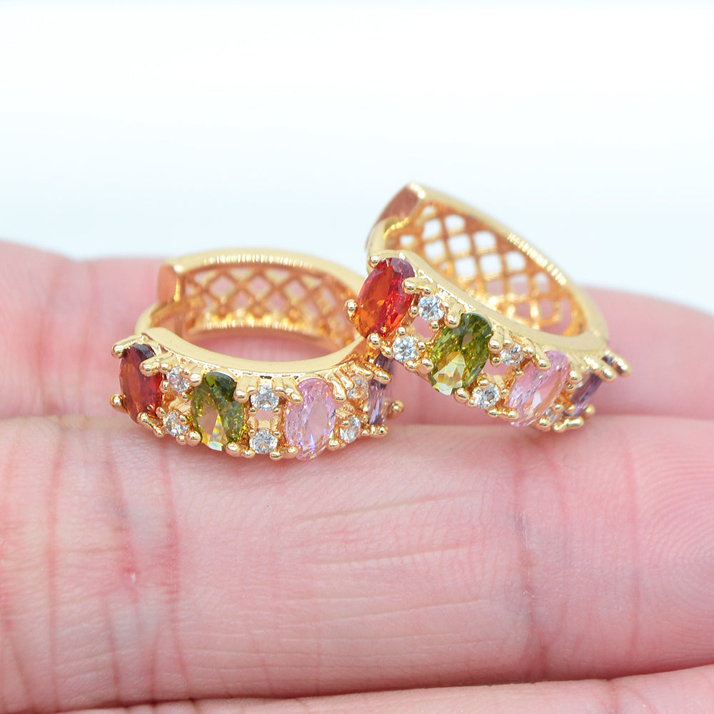 Wholesale Gold Plated Women Multicolor Oval Zircon CZ Huggie Earrings Jewelry