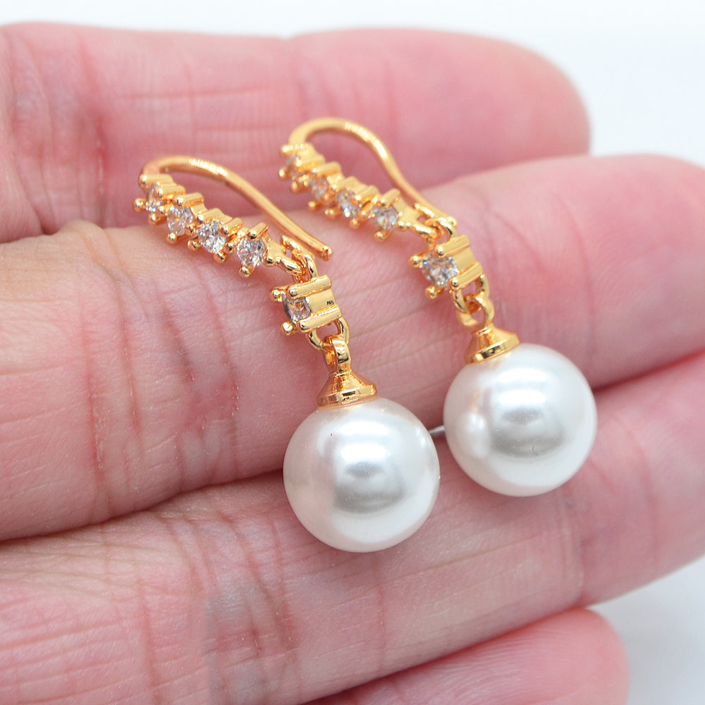 Wholesale Gold Plated Women Clear Zircon White Round Pearl Dangle Earrings Jewelry