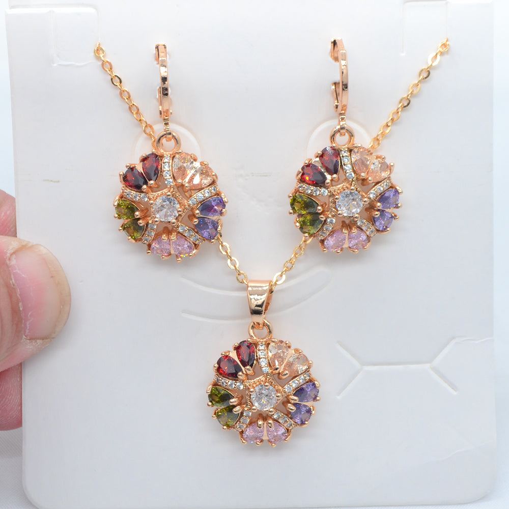 Wholesale Gold Plated Women Fashion Rainbow Zircon CZ Round Jewelry Set