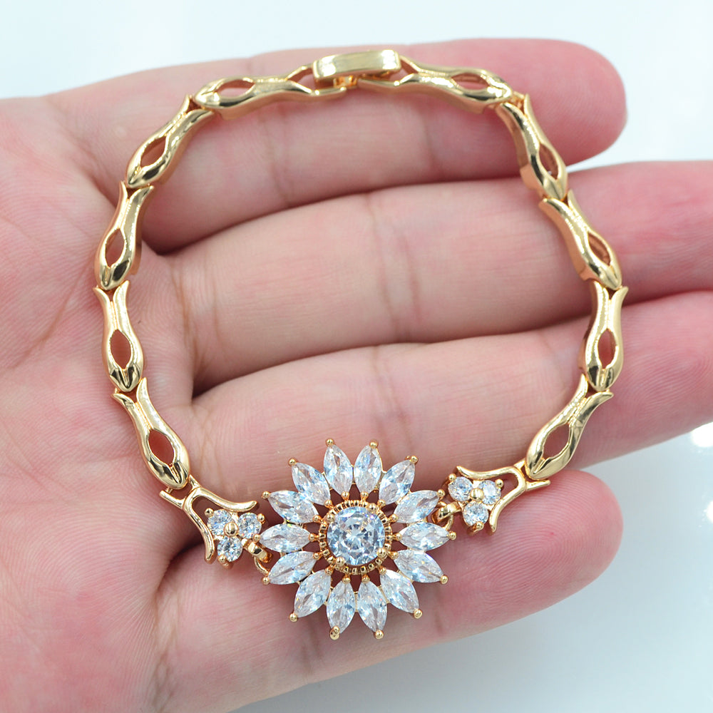 Wholesale Gold Plated Women Multicolor Zircon CZ Sunflower Charm Bracelet Jewelry