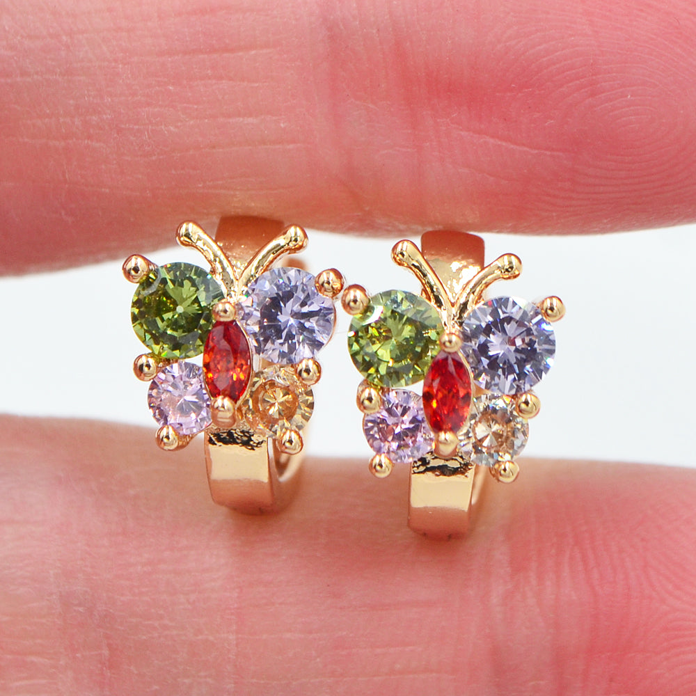 Wholesale Gold Plated Women Multicolor Zircon CZ Butterfly Huggie Earrings Jewelry