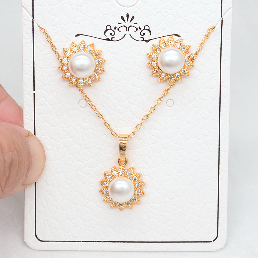 Wholesale Gold Plated Women Clear Zircon CZ Elegant Round Pearl Jewelry Set