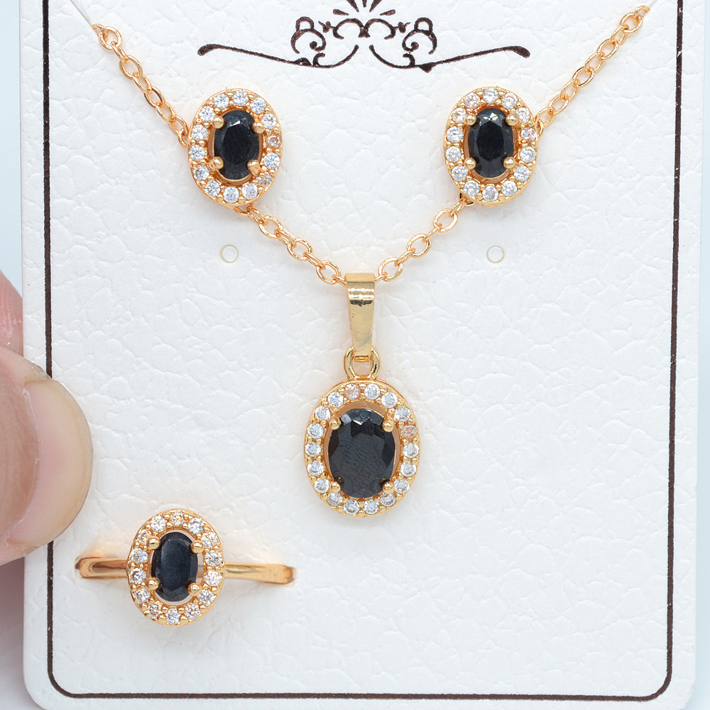 Wholesale Gold Plated Women Blue Zircon CZ Halo Oval Jewelry Set Free Ring Size