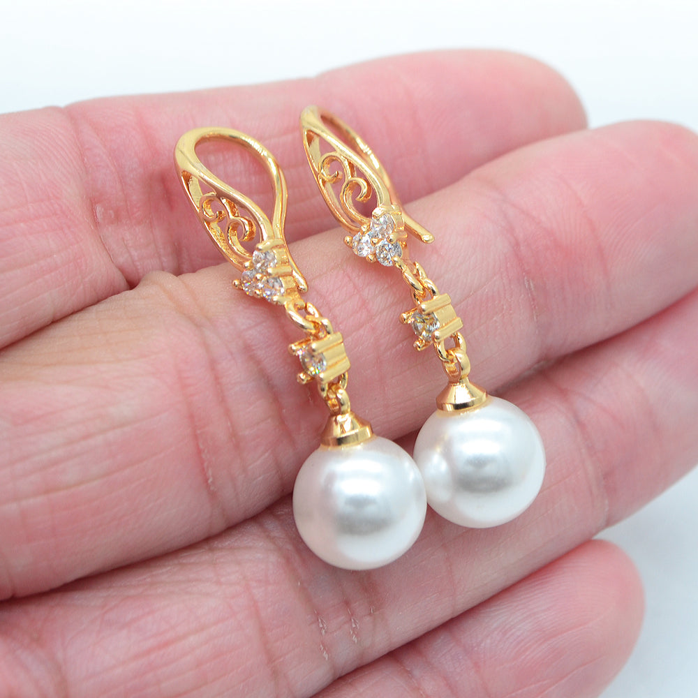 Wholesale Gold Plated Women Clear Zircon White Round Pearl Dangle Earrings Jewelry