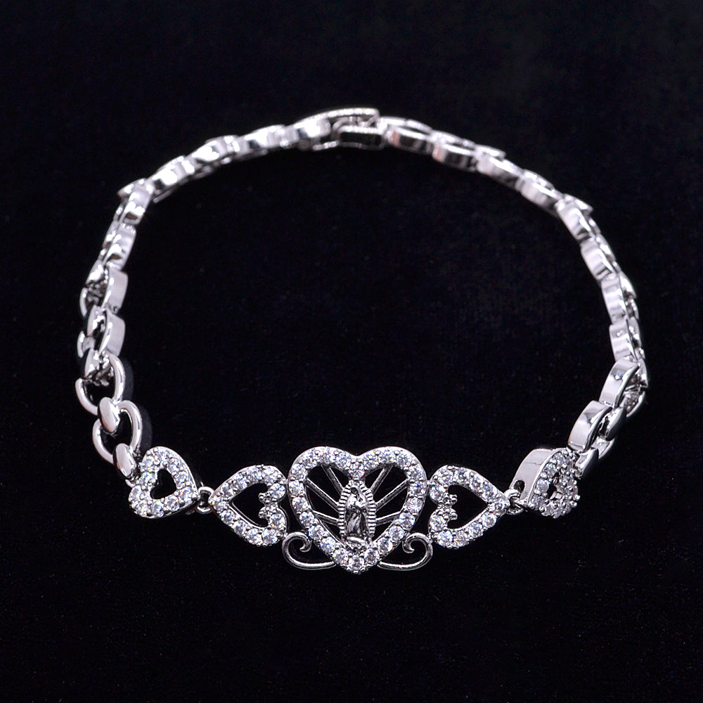 Wholesale White Gold Plated Women Clear Zircon CZ Catholic Virgin Mary Heart Charm Bracelet Jewelry
