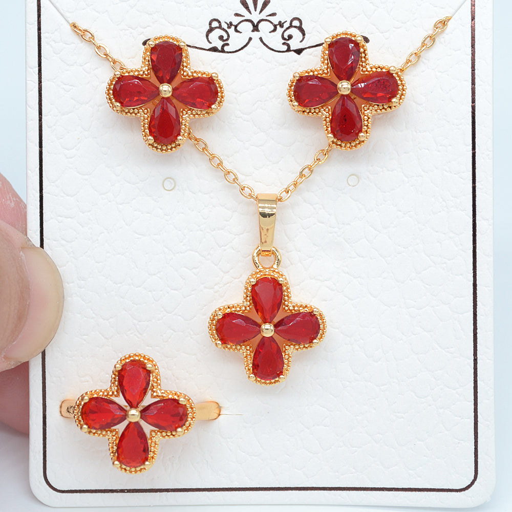 Wholesale Gold Plated Women Blue Zircon CZ Flower Jewelry Set Free Ring Size