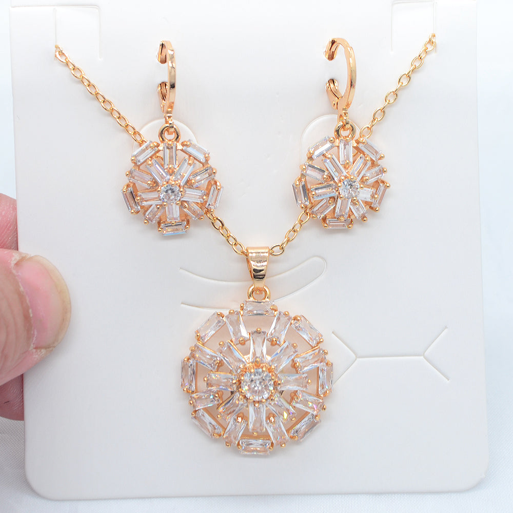 Wholesale Gold Plated Women Fashion Luxury Multicolor Zircon CZ Round Flower Jewelry Set