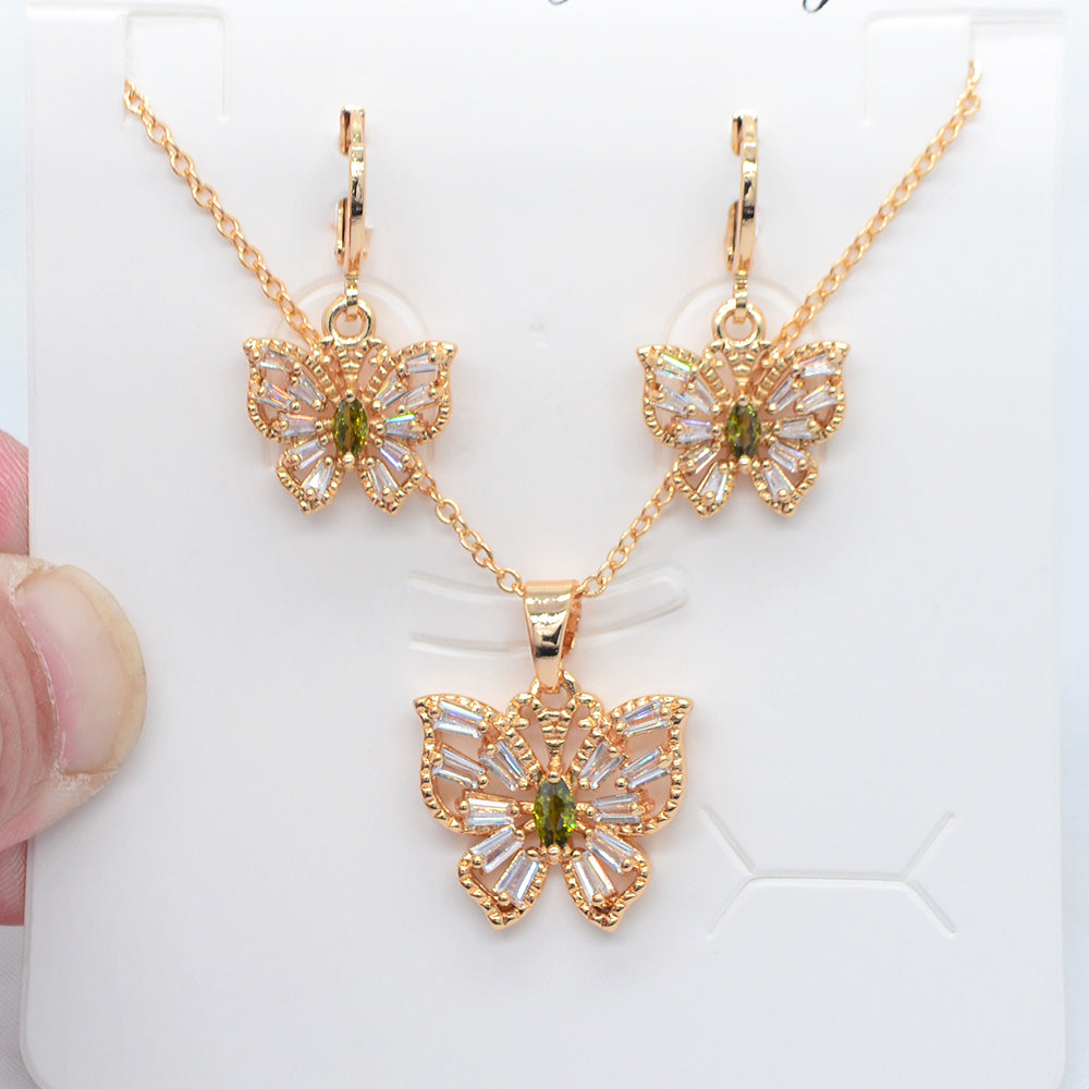 Wholesale Gold Plated Women Trendy Multicolor Zircon CZ Butterfly Jewelry Set