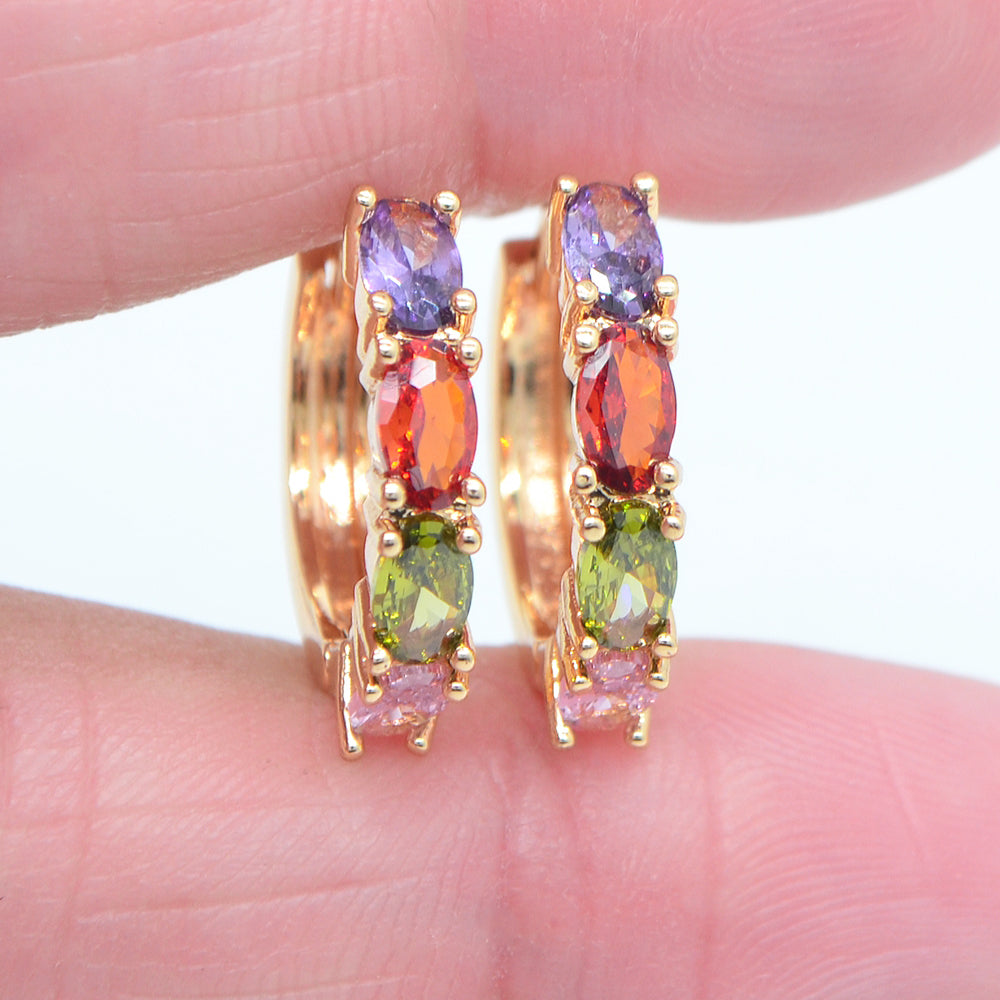 Wholesale Gold Plated Women Fashion Multicolor Oval CZ Hoop Huggie Earrings Jewelry