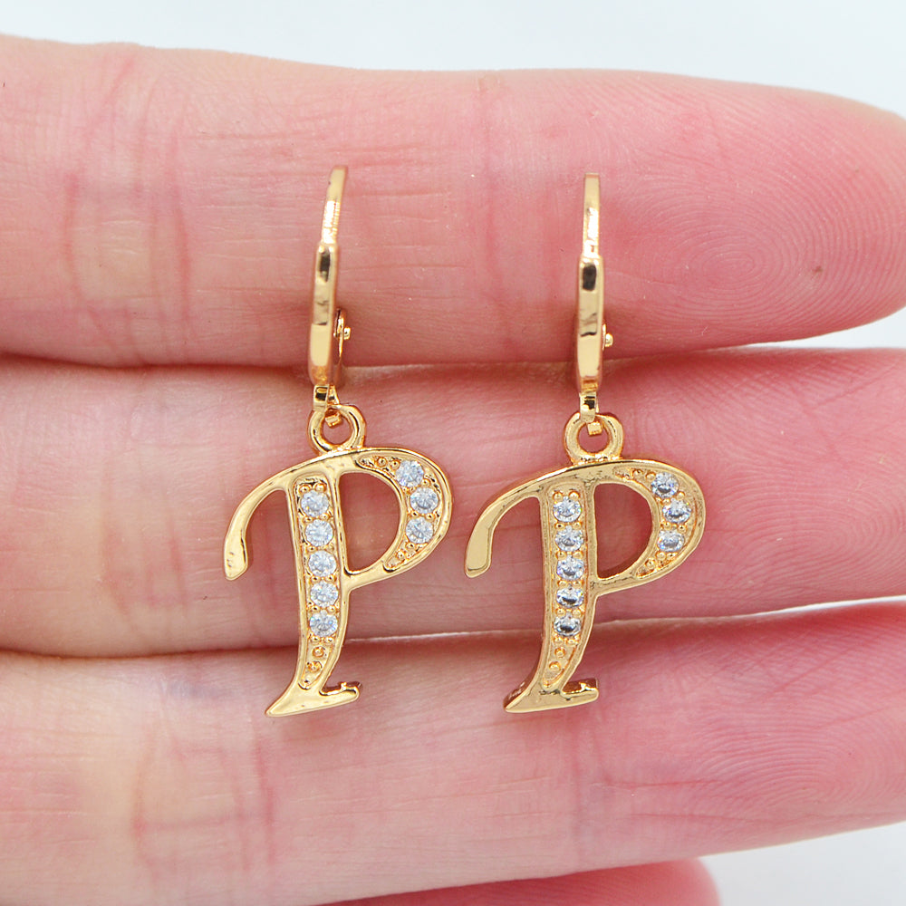 Wholesale Gold Plated Women Clear Zircon CZ Alphbet Letter A to Z Dangle Earrings Jewelry