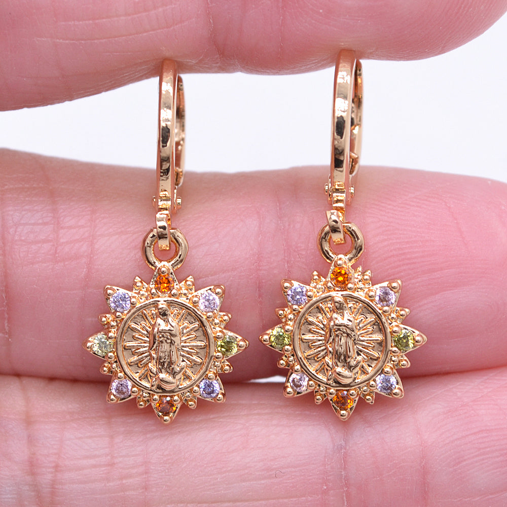 Wholesale Gold Plated Women Clear Zircon CZ Catholic Virgin Mary Dangle Earrings Jewelry