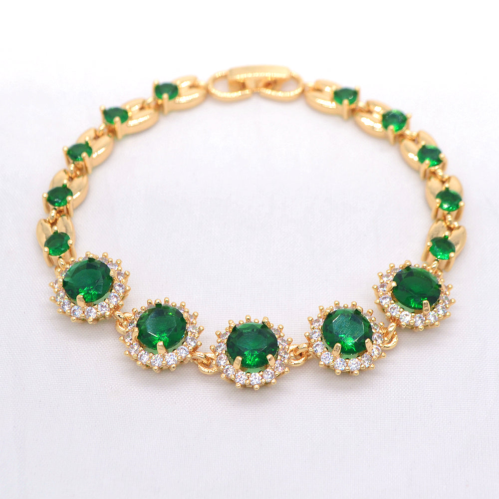 Wholesale Gold Plated Women Luxury Green Zircon CZ Halo Round Charm Bracelet Jewelry