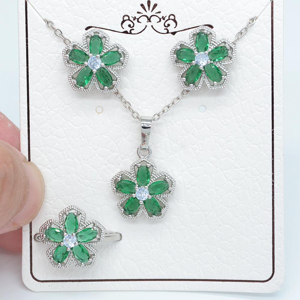 Wholesale Gold Plated Women Green Zircon CZ Flower Jewelry Set Free Ring Size
