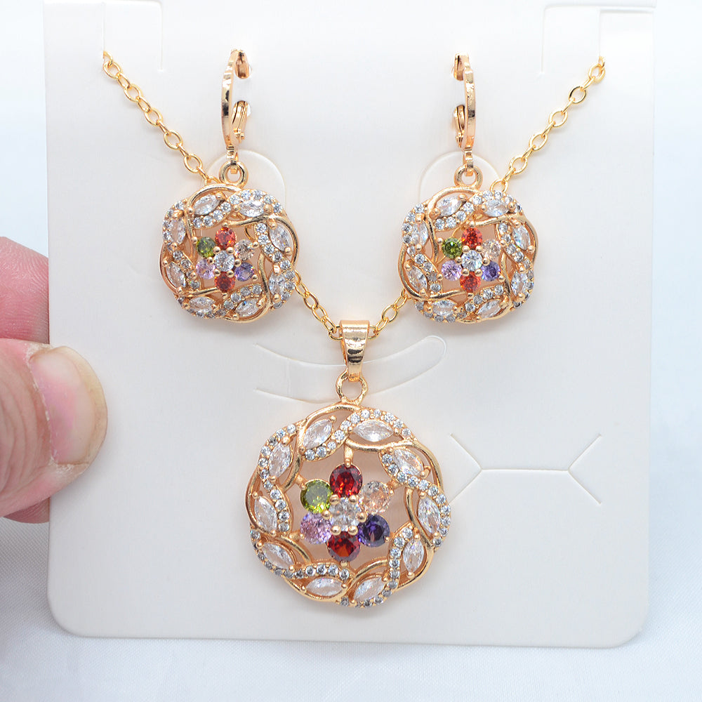 Wholesale Gold Plated Women Clear Zircon CZ Round Graceful Flower Jewelry Set