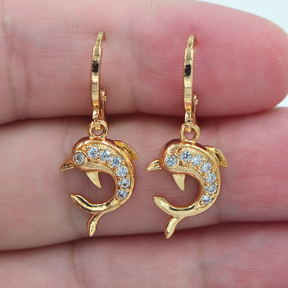Wholesale Gold Plated Women Clear Zircon CZ Dolphin Dangle Earrings Jewelry