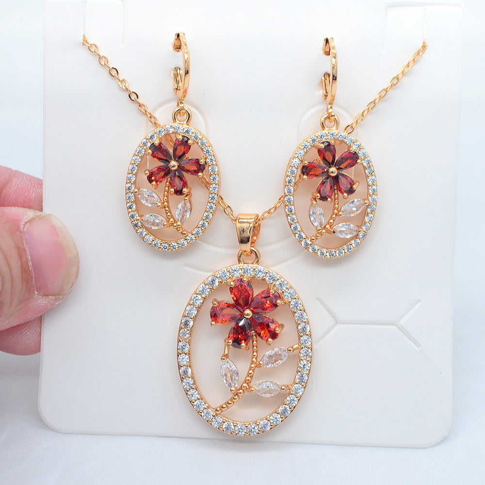 Wholesale Gold Plated Women Fashion Clear Zircon CZ Oval Flower Wedding Jewelry Set