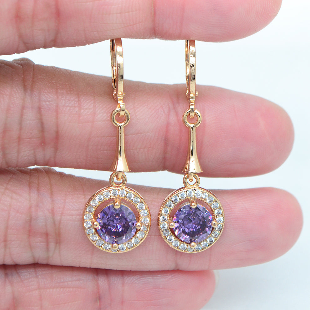 Wholesale Gold Plated Women Purple Zircon CZ Halo Round Dangle Earring Jewelry