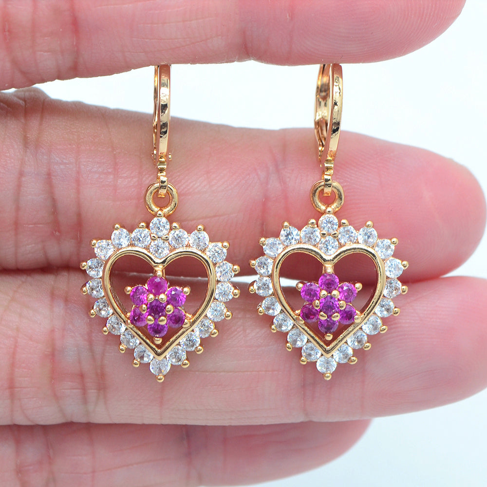 Wholesale Gold Plated Women Rose Red Zircon CZ Heart Dangle Earring Jewelry