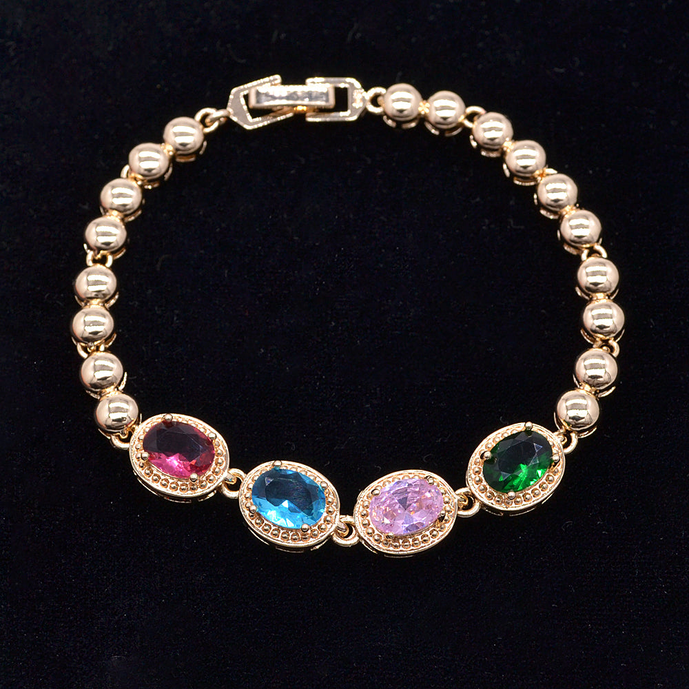 Wholesale Gold Plated Women Multicolor Zircon CZ Oval Charm Bracelet Jewelry