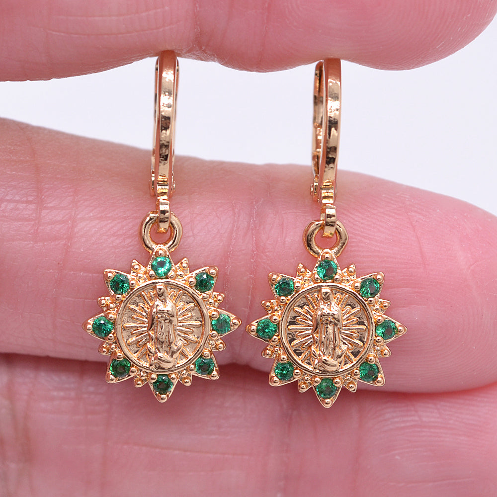 Wholesale Gold Plated Women Clear Zircon CZ Catholic Virgin Mary Dangle Earrings Jewelry