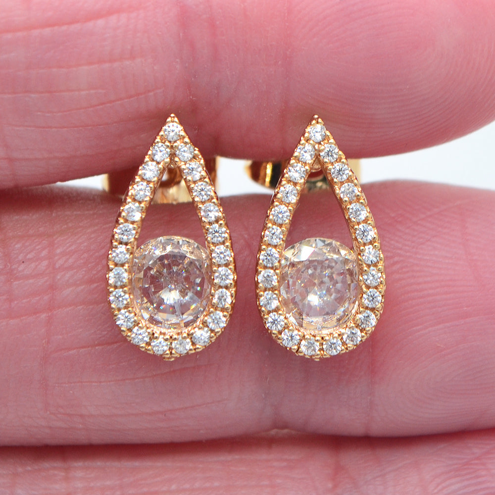 Wholesale Gold Plated Women Fashion Black Zircon CZ Teardrop Stud Earrings Jewelry