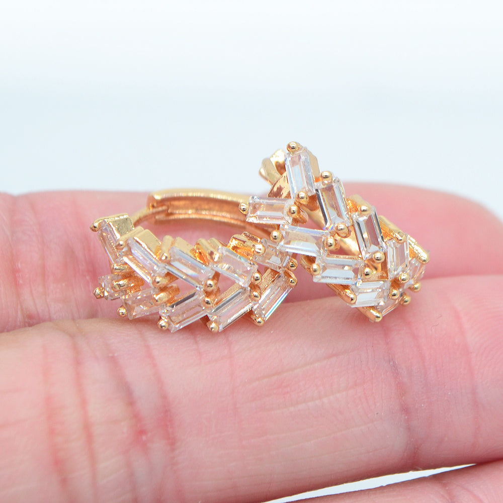 Wholesale Gold Plated Women Multicolor Zircon CZ Baguette Fence Huggie Earrings Jewelry