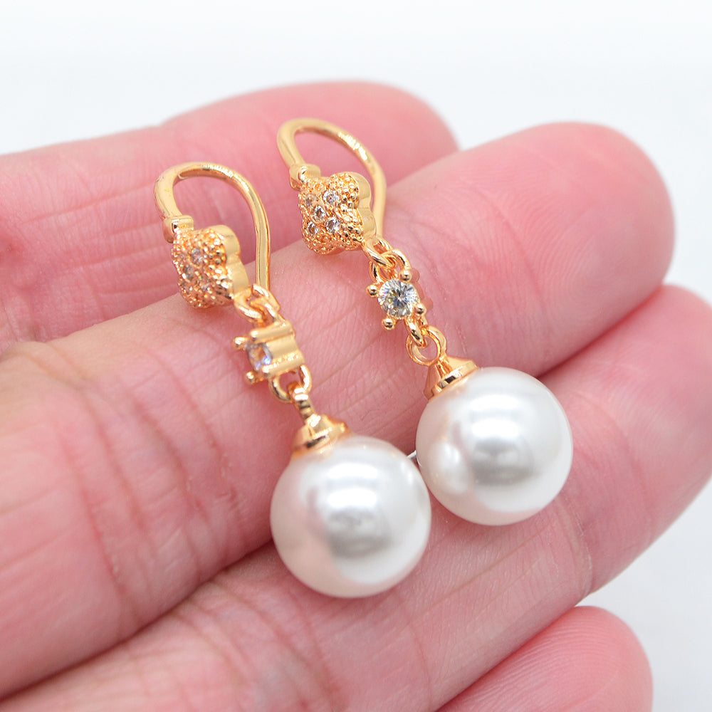 Wholesale Gold Plated Women Clear Zircon White Round Pearl Dangle Earrings Jewelry