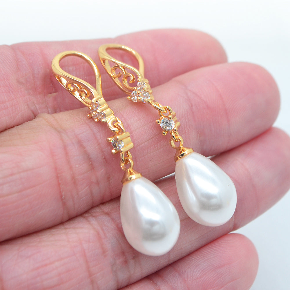 Wholesale Gold Plated Women Clear Zircon White Teardrop Pearl Dangle Earrings Jewelry