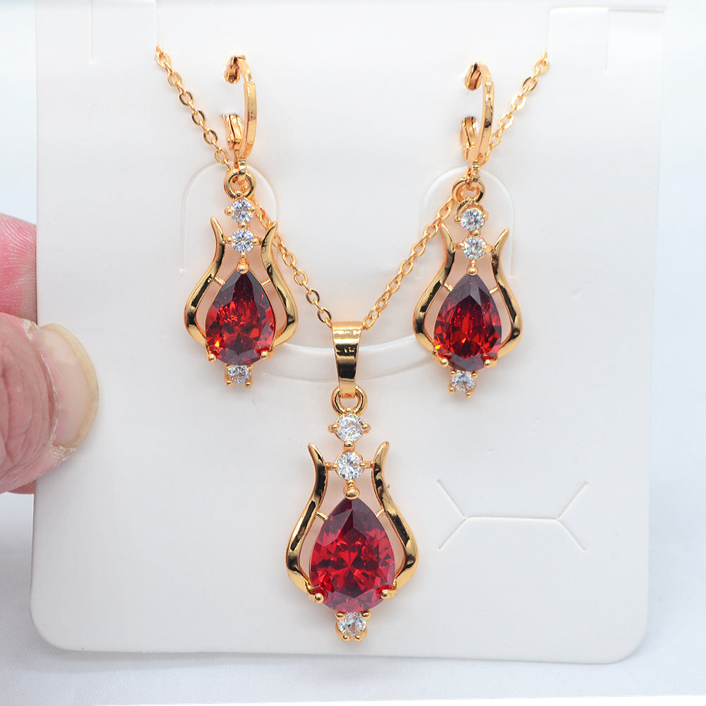 Wholesale Gold Plated Women Fashion Red Zircon CZ Water Drop Wedding Jewelry Set
