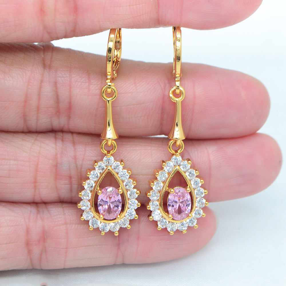 Wholesale Gold Plated Women Red Zircon CZ Teardrop Dangle Earring Jewelry