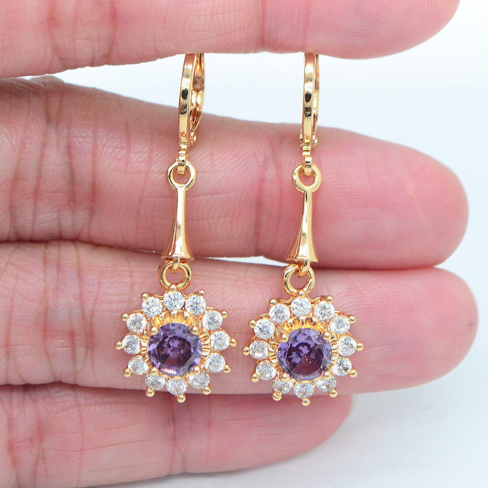 Wholesale Gold Plated Women Green Zircon CZ Halo Round Dangle Earring Jewelry