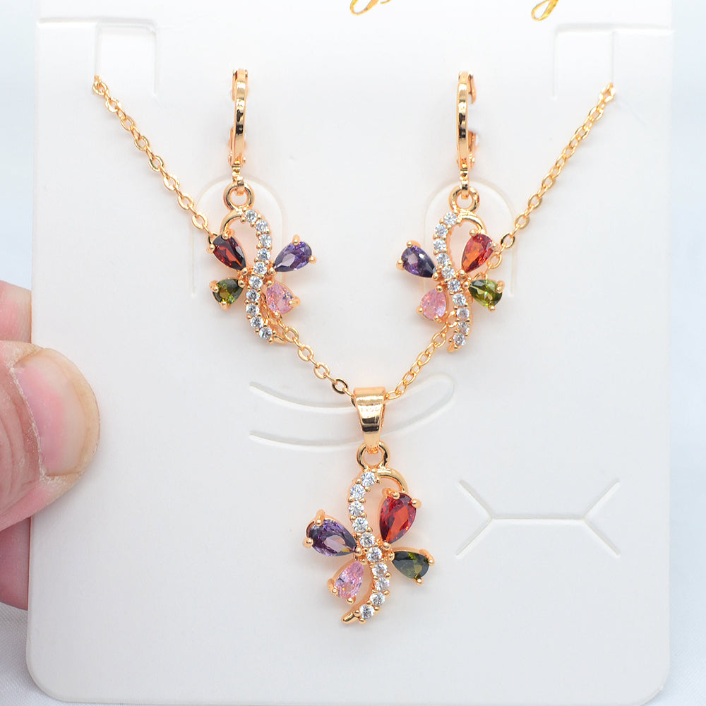 Wholesale Gold Plated Women Fashion Multicolor Zircon CZ Artistic Flower Jewelry Set