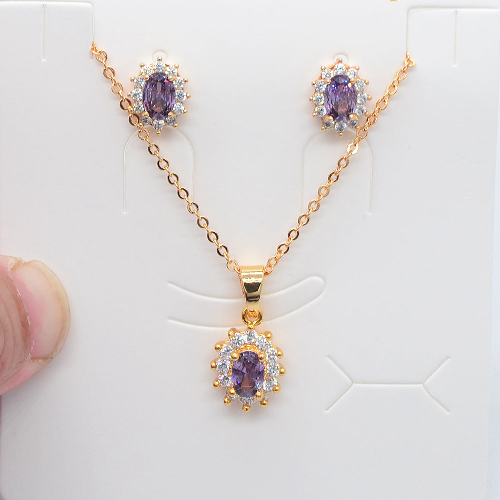 Wholesale Gold Plated Women Red Zircon CZ Oval Wedding Jewelry Set