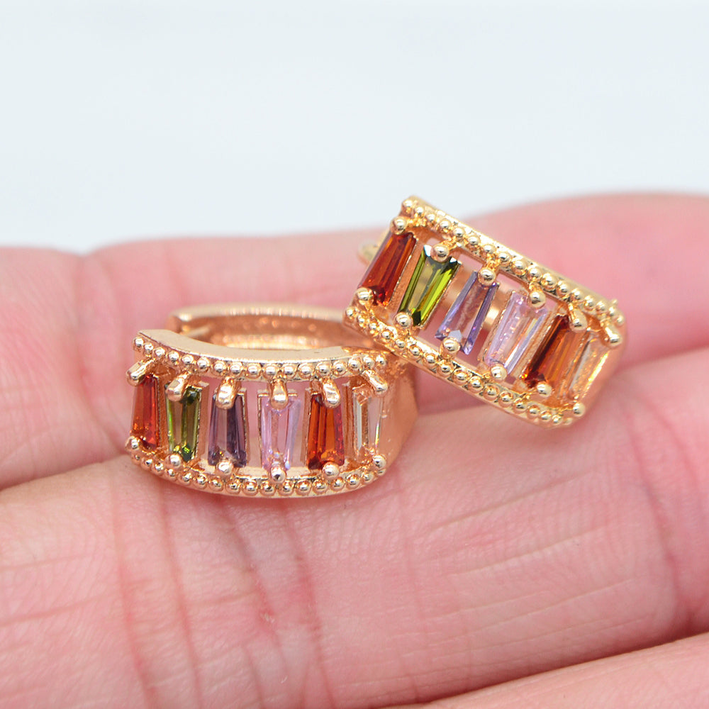 Wholesale Gold Plated Women Multicolor Zircon CZ Hollow Out Baguette Huggie Earrings Jewelry