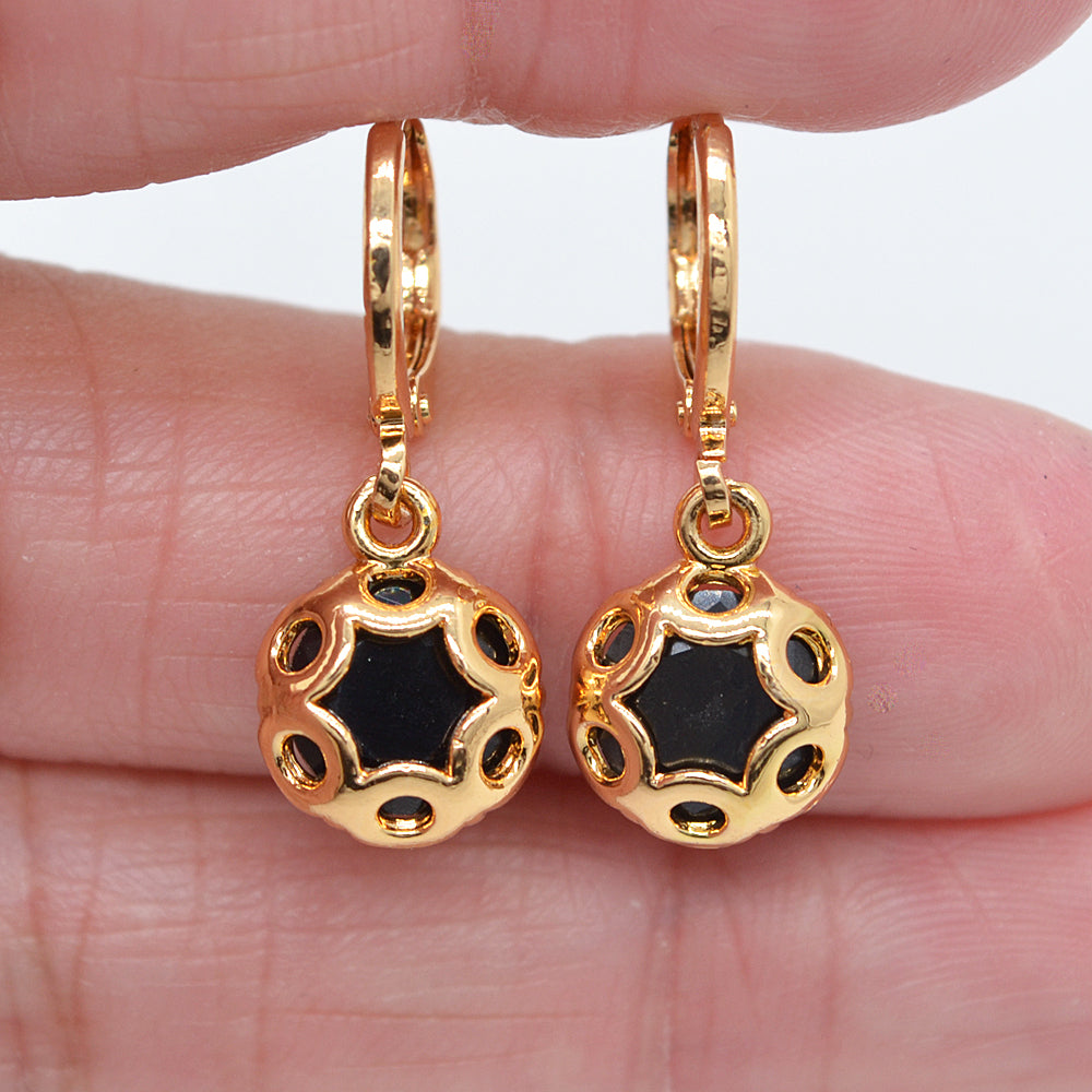 Wholesale Gold Plated Women Red Zircon CZ Hollow Round Dangle Earrings Jewelry