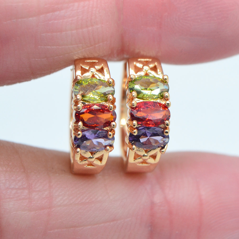 Wholesale Gold Plated Women Rainbow Oval Zircon CZ Hoop Huggie Earrings Jewelry