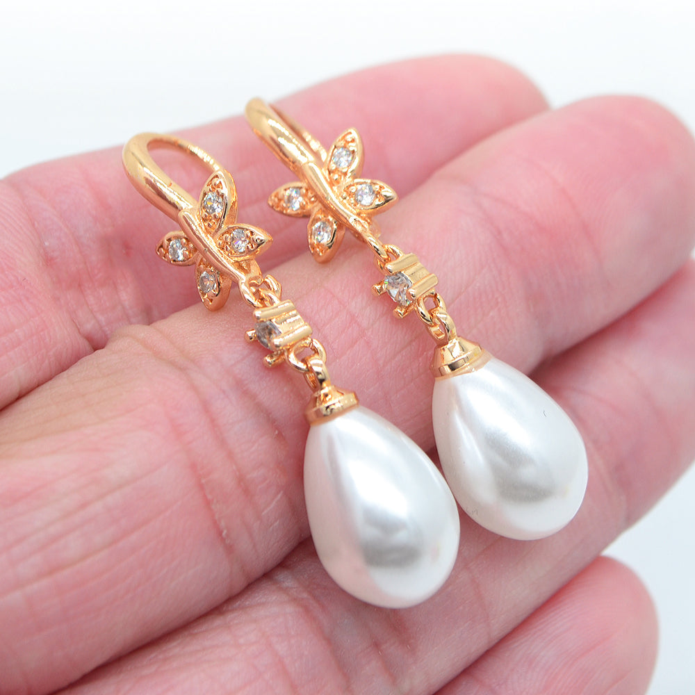 Wholesale Gold Plated Women Clear Zircon White Teardrop Pearl Dangle Earrings Jewelry