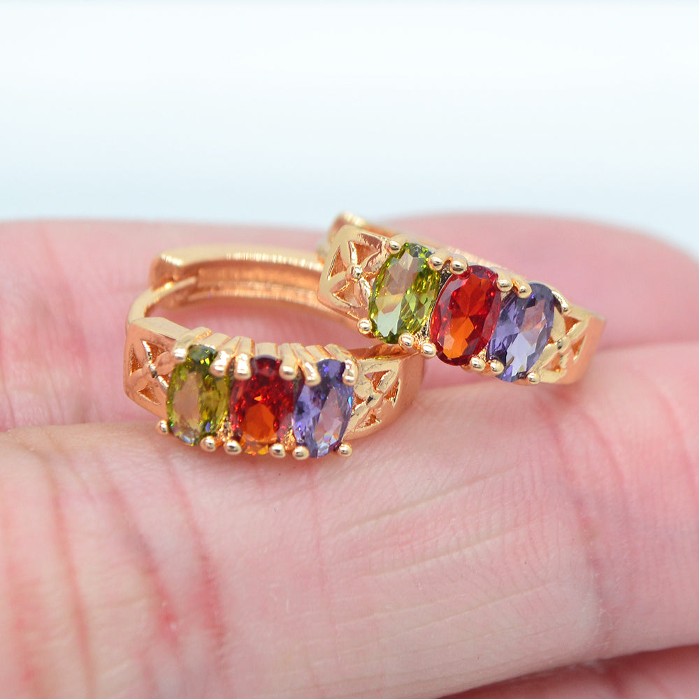 Wholesale Gold Plated Women Rainbow Oval Zircon CZ Hoop Huggie Earrings Jewelry