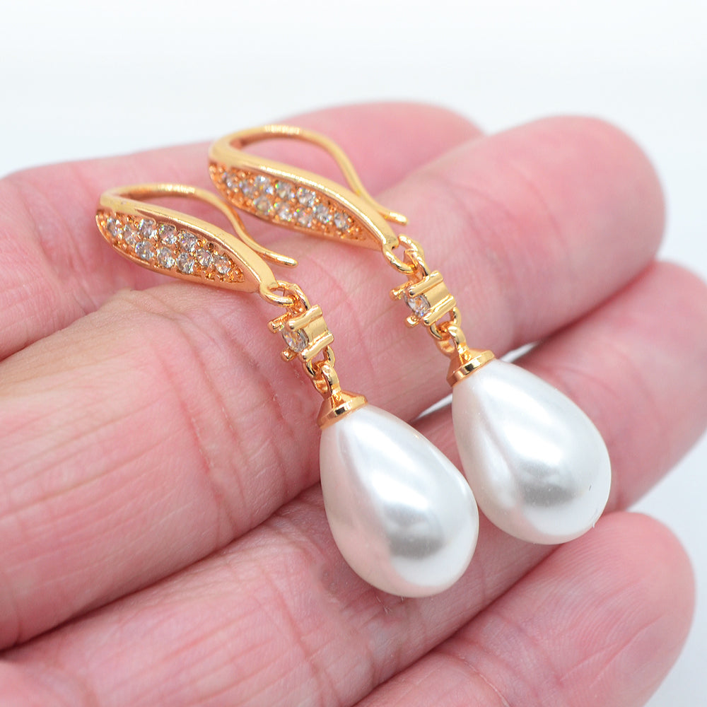 Wholesale Gold Plated Women Clear Zircon White Teardrop Pearl Dangle Earrings Jewelry